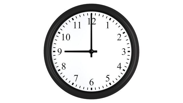 Realistic 3D clock set at 9 o'clock
