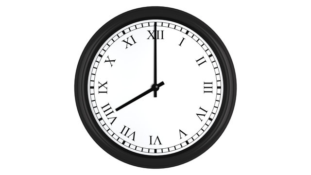 Realistic 3D clock with Roman numerals set at 8 o'clock