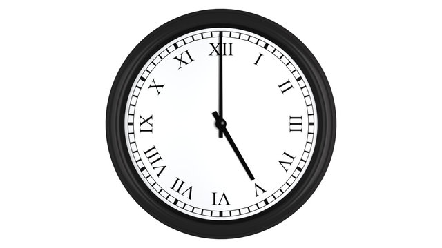 Realistic 3D clock with Roman numerals set at 5 o'clock