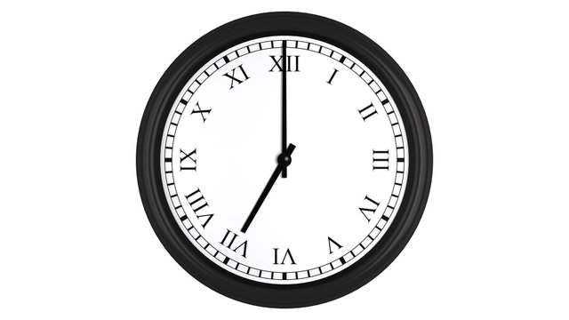 Realistic 3D clock with Roman numerals set at 7 o'clock