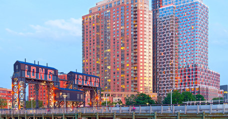 Long Island City New York, sign and modern architecture in Gantry Plaza Park Queens