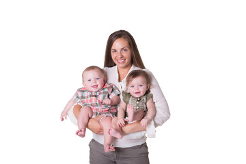 A mother and her fraternal boy/girl twins isolated