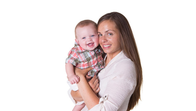 Portrait Of A Mother And Her Baby Son Isolated On White