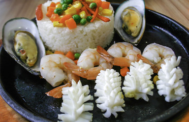 rice with seafood, food closeup