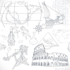 Seamless pattern of the doodles historic events isolated on whit