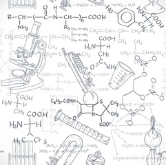Seamless pattern of the formulas on the chemicals and equipment