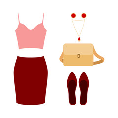 Set of trendy women's clothes with red skirt, pink top and acces