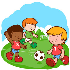 Obraz na płótnie Canvas Little boys playing soccer. Vector illustration