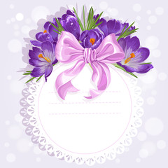 Openwork card with wreath of yellow and purple crocuses. Just pr