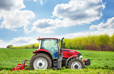 Red tractor mows the grass.