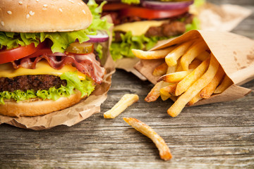 Delicious hamburger and fries
