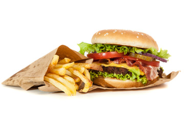 Delicious hamburger and fries - 88082749