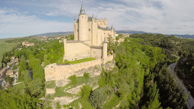 Aerial footage The spanish castle Alcazar of Segovia, in Castilla and Leon, Spain 