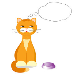 red cat with a cream breast near the feed bowl on white background