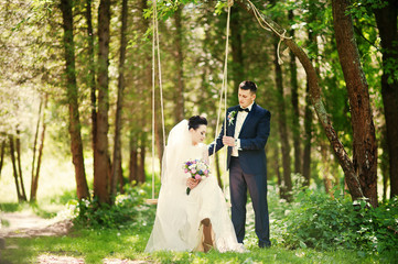 Newlyweds on swing on wood