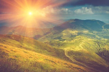 Foto op Plexiglas Zomer berglandschap bij zonneschijn. Wandelpad in de heuvels. © vovik_mar