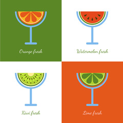 Set of vector sliced fruits in glass. Abstract flat logo design