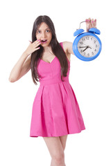 girl with pink dress and clock