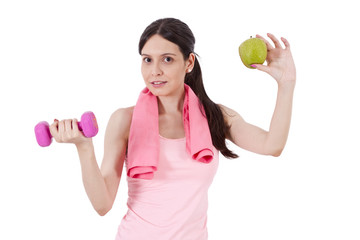 Naklejka premium Girl with dumbbells and apple