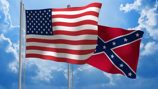 United States and Confederate flags flying together, 3D animation