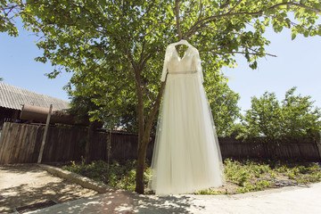 White Wedding dress hanging on a tree.