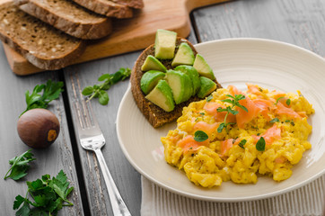 Salmon scrambled eggs and avocado toast