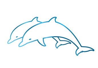 Blue contour two leaping dolphins on a white background