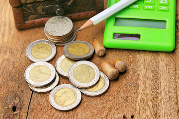 Thailand bath coins on a wooden vintage