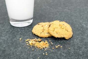 Glass of milk on a table and cookies