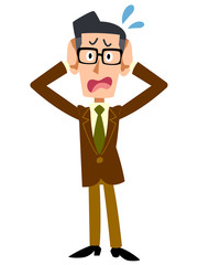 茶色のジャケットを着てメガネをかけた男性が頭を抱える