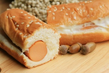 sausage bread on a wooden vintage