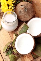 Fototapeta na wymiar Coconut and milk , oil coco for organic healthy food and beauty