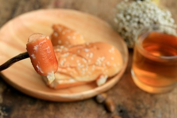 sausage bread on a wooden vintage
