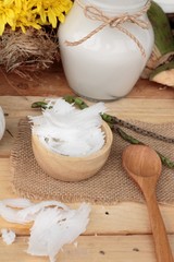 white coconut and milk on wood background