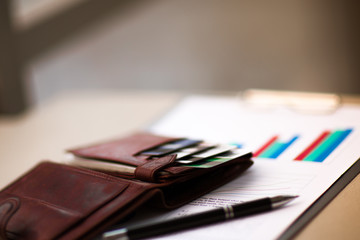 Fototapeta premium leather wallet with credit and discount cards