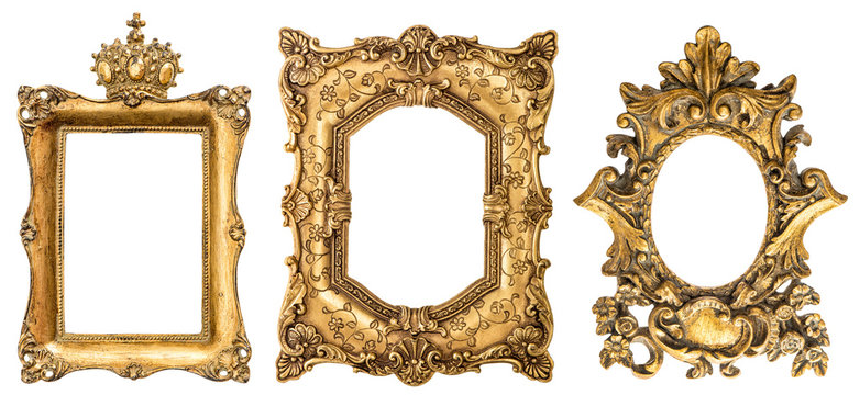 Baroque style golden picture frame isolated on white background