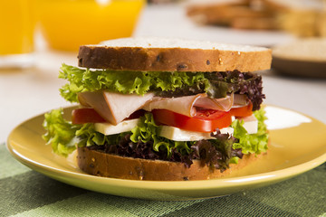 Sandwich on a white plate with turkey breast, tomato and lettuce.