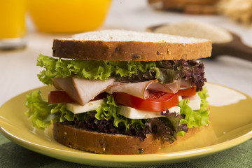 Sandwich on a white plate with turkey breast, tomato and lettuce.