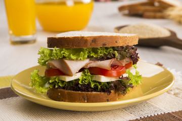 Sandwich on a white plate with turkey breast, tomato and lettuce.