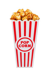caramel pop corn in striped box bucket isolated on white backgro