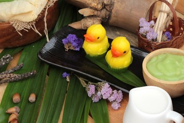 Bread with green custard and fresh milk.