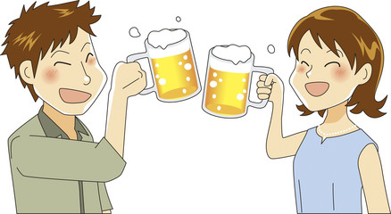ビールで乾杯をする男女のイラスト（私服）