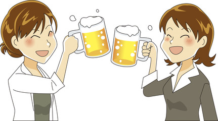 ビールで乾杯をする女性同士のイラスト