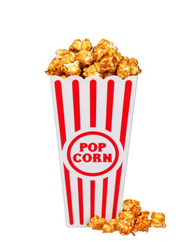 Caramel Pop Corn In Striped Box Bucket Isolated On White Backgro