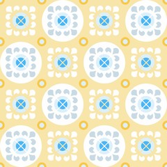 Seamless yellow pattern with flowers in the circles. 