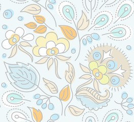 Seamless, floral pattern, yellow flowers, blue berries, blue background. 