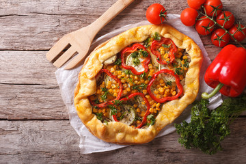 Homemade fresh-baked vegetable pie close-up. horizontal top view

