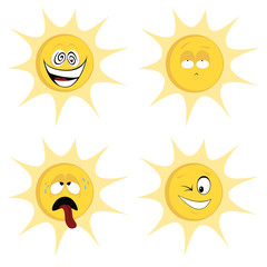 Collection of four colored, cute sun character icons