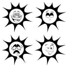 Collection of four black and white, cute sun character icons