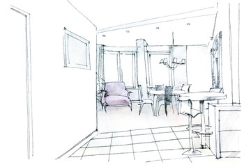 modern residential hall interior sketch